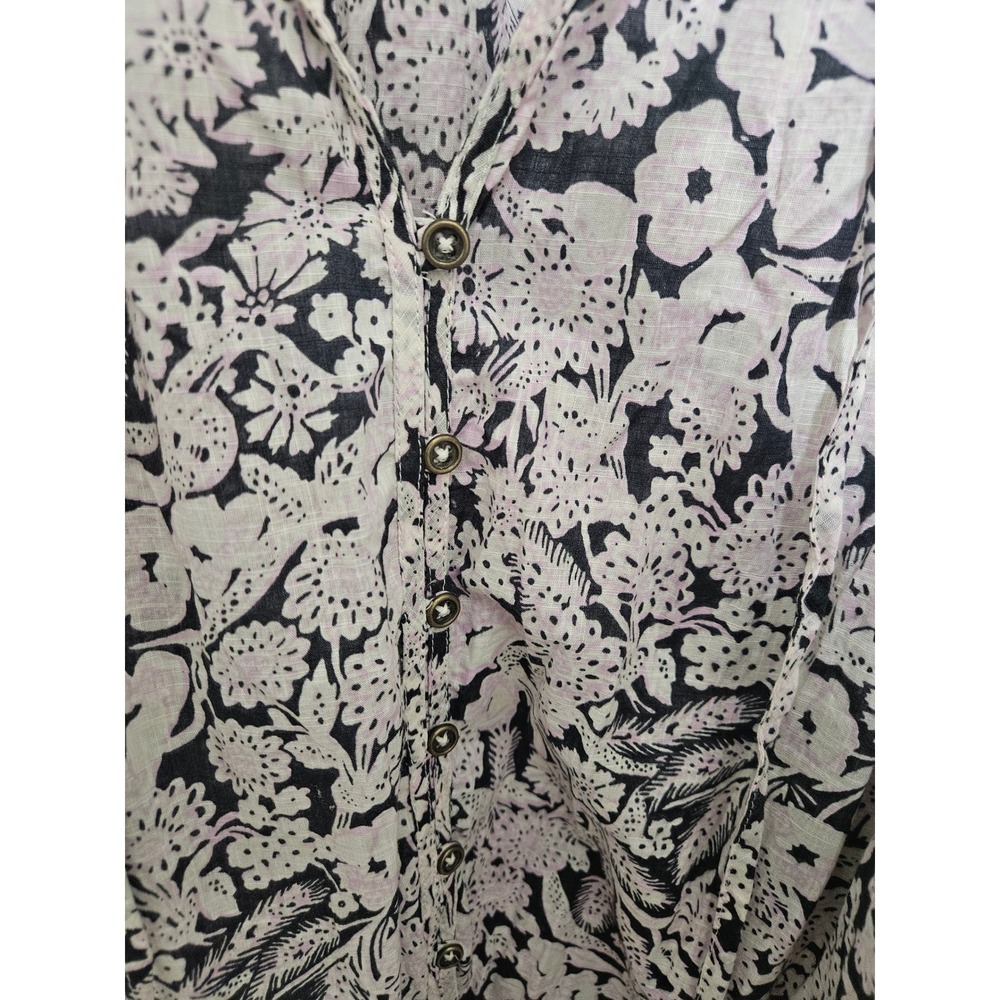 Anthropologie Floral Button Down Blouse Pink Black Pom Pom Trim Cotton 2X - Picture 3 of 10